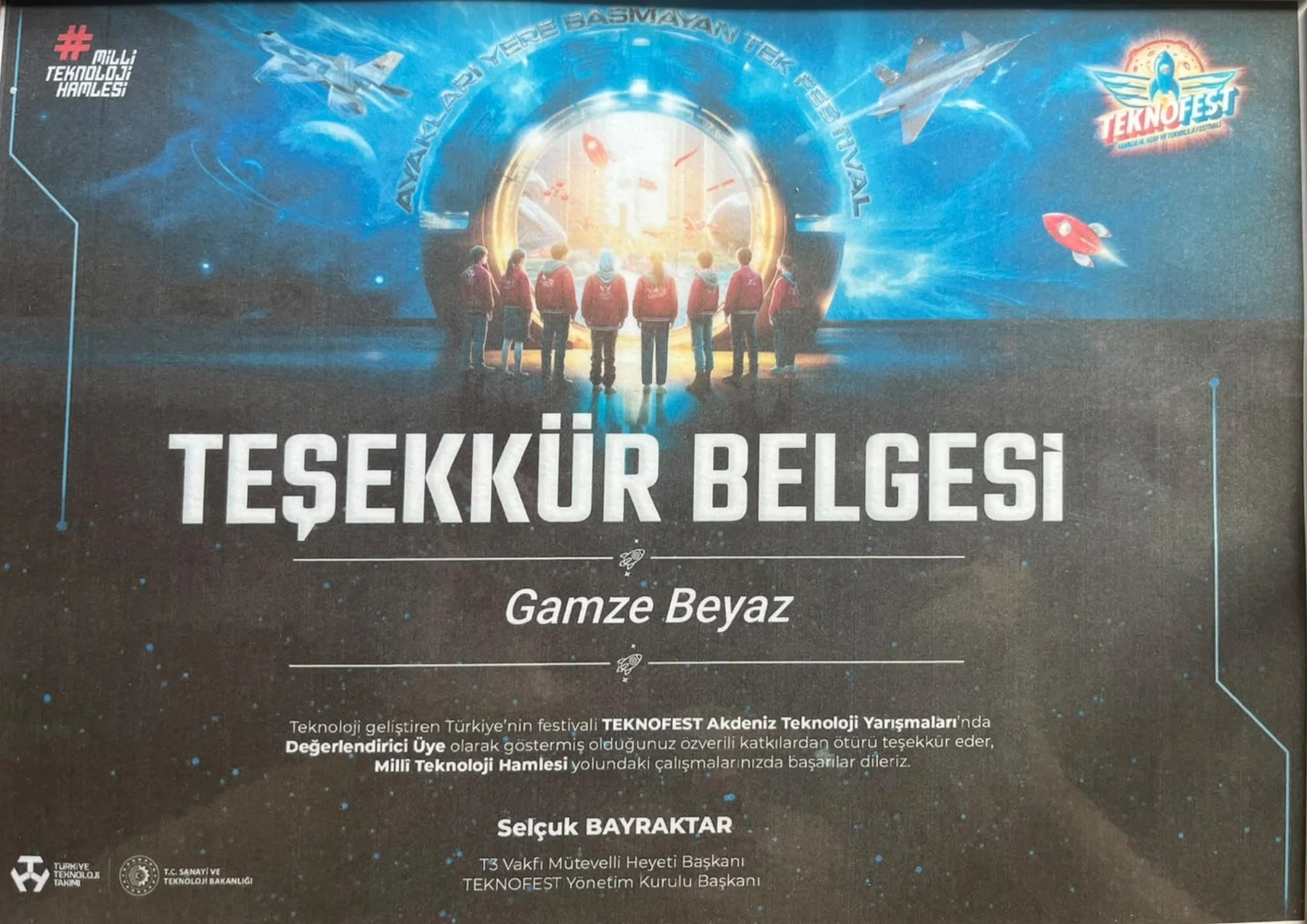 TEKNOFEST Akdeniz Teknoloji Yarışmaları Değerlendirici Üye teşekkür belgesi