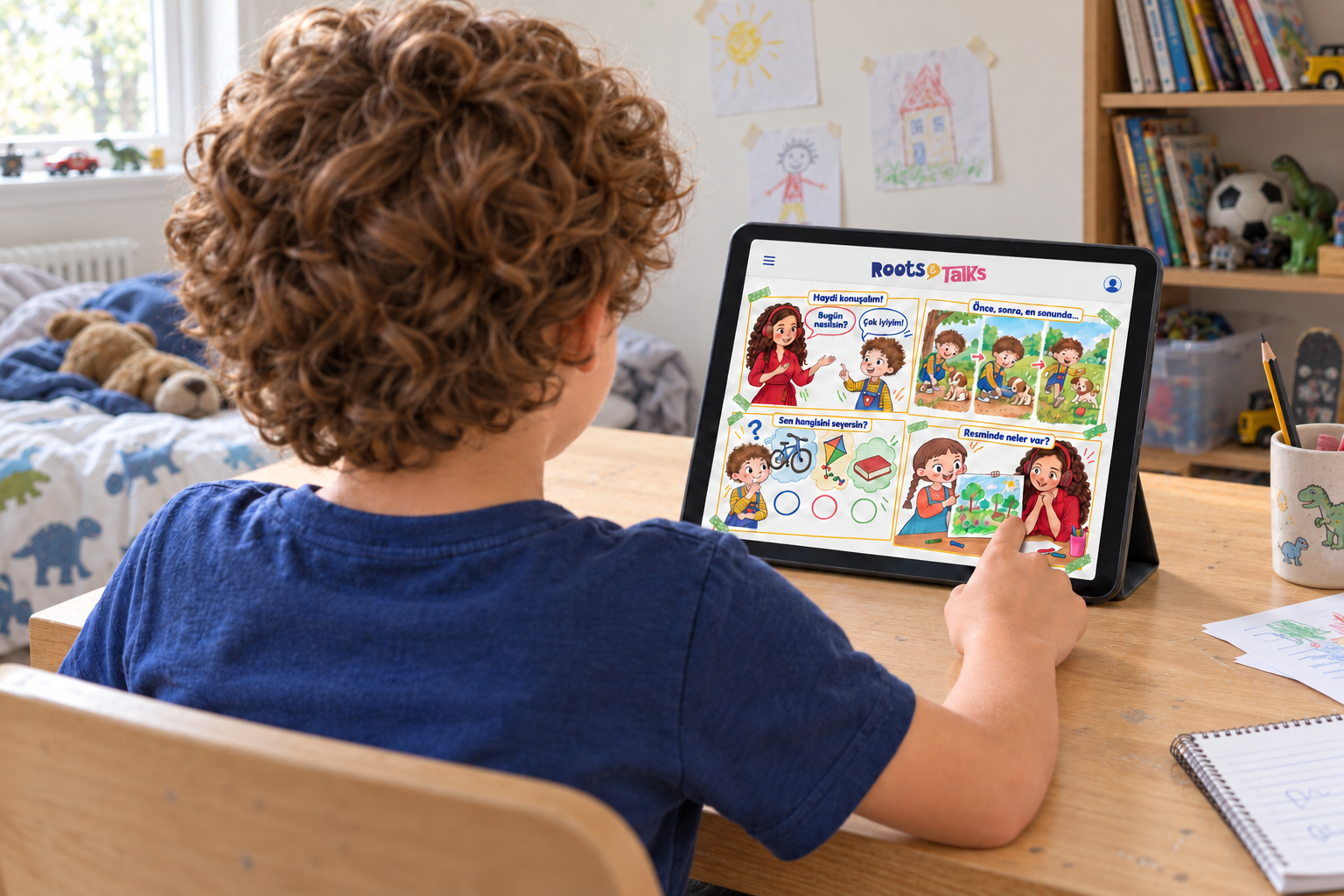 A child, seen from behind, exploring Roots & Talks Turkish activities on a tablet in a bright, everyday bedroom